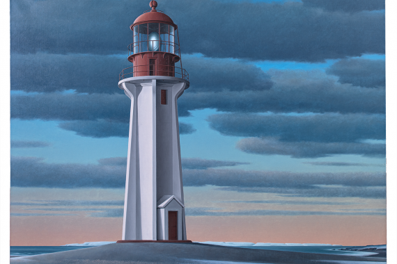 Christopher Pratt (b. 1935). Ferolle Point Light, 1998. Oil on canvas. 101.6 x 127 cm. Collection of Donald and Beth Sobey. © Christopher Pratt, 1998. Photo: Steve Farmer (Raw Photography), courtesy of The Kalaman Group.